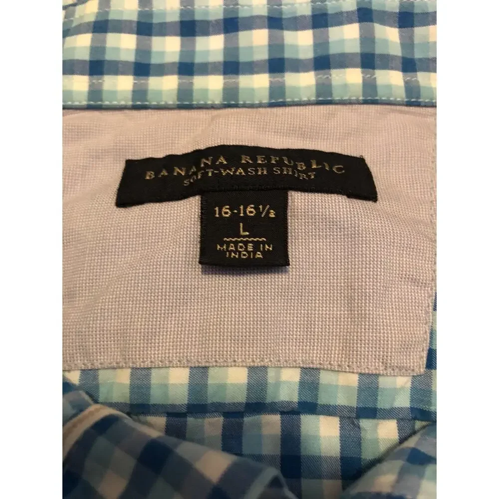 Banana Republic Shirt Mens Large Button Up Dress Shirt Blue Plaid Check 16 A5
